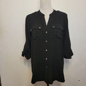 Calvin Klein Black Button Front Blouse Top Women’s Medium Roll Tab Sleeve...